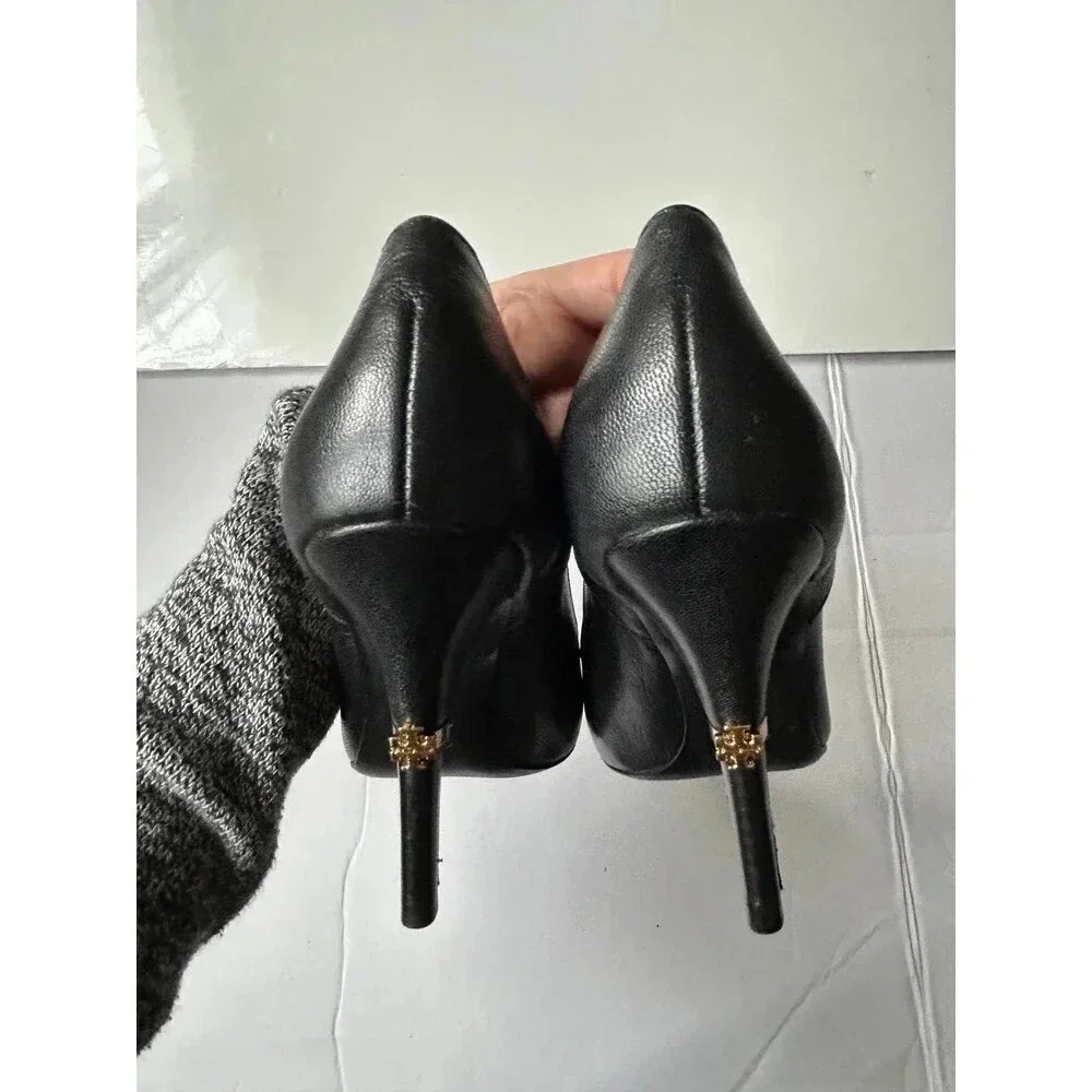 Tory Burch Bernice Leather Pointed Toe Logo Charm High Heels Pumps Shoes